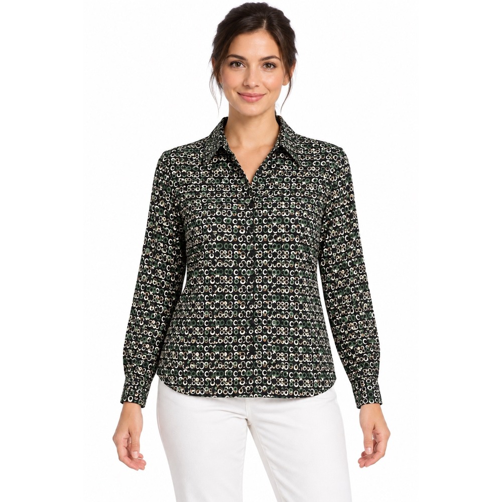 Elementz Womens Green Black White Circle Print Button Down Blouse Large career